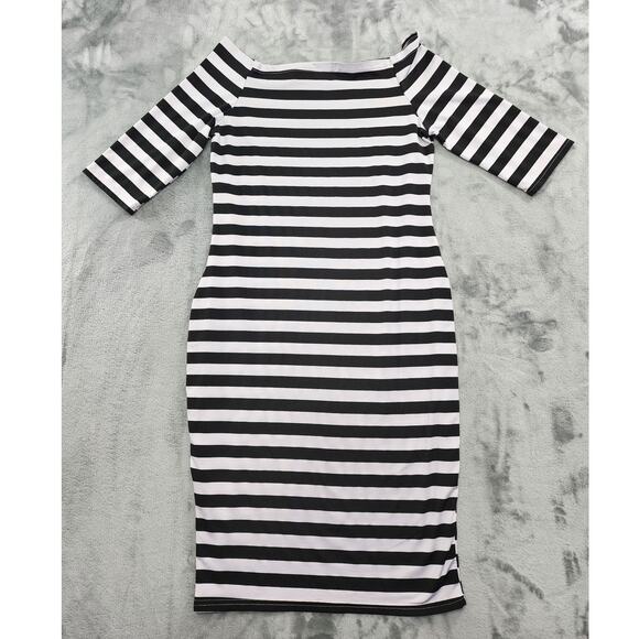 Finejo Dress Womens XL Black White Striped Off Shoulder Square Neck Bodycon - Picture 2 of 10